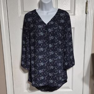 Maurices Navy With Pink, Light Blue And Yellow Floral V-Neck Blouse Size S
